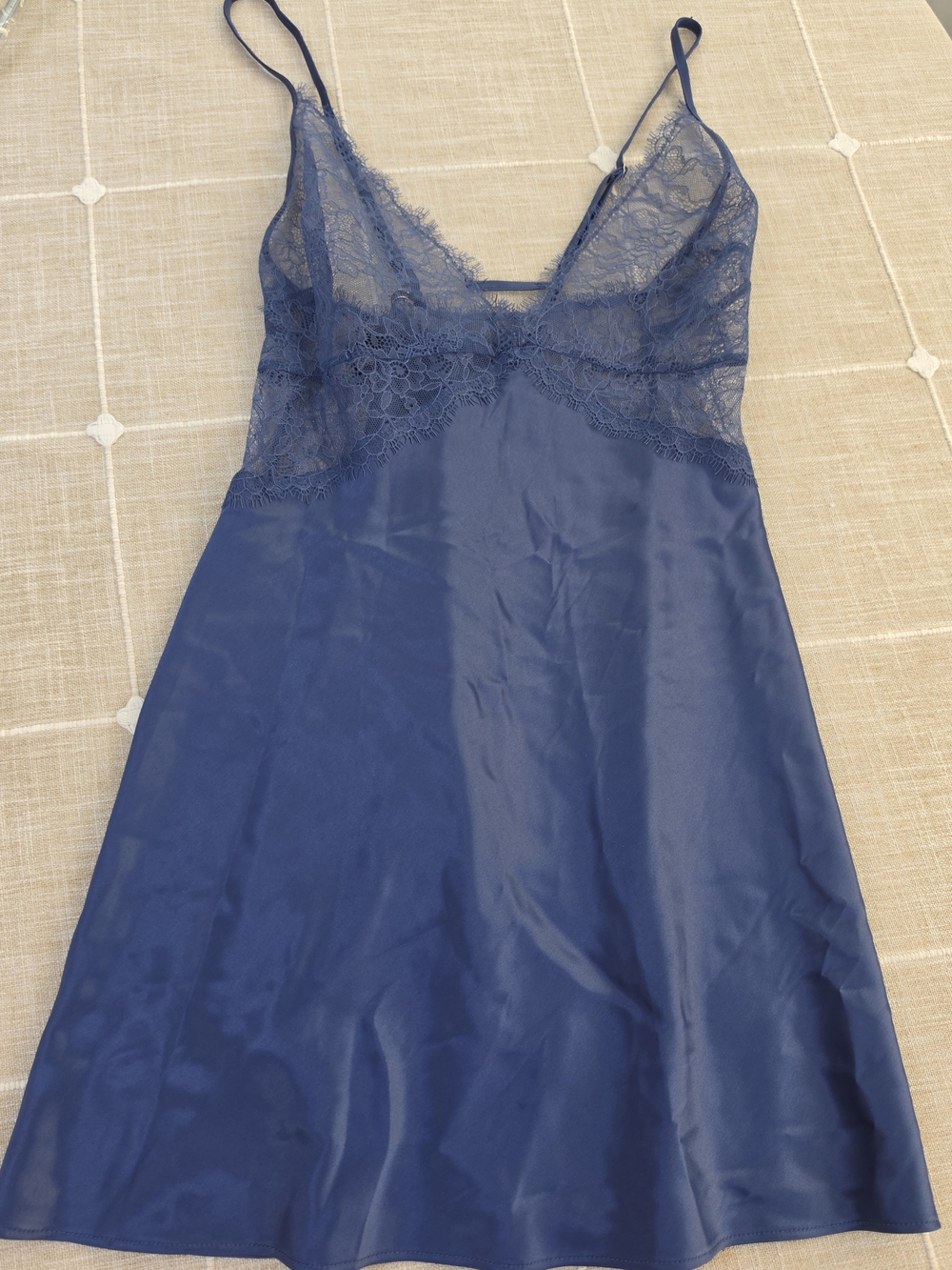 Victoria's Secret Royal Blur Lace-Trim Satin Slip